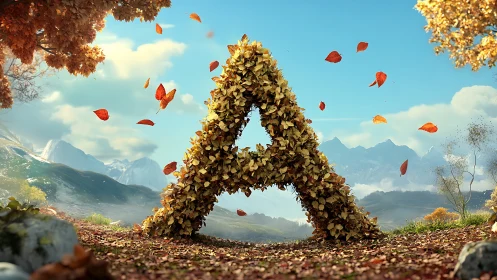 Golden leaf letter A rises gently in a bright autumn meadow