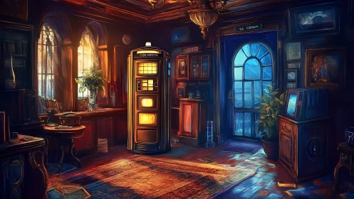 Retro time machine in warm steampunk study with blue portal