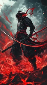 Storm-lit samurai wreathed in red, standing between worlds.