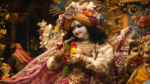 Intricately ornamented Krishna deity statue with jeweled textiles and garlands