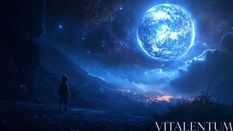 Luminous blue celestial sphere above child in nocturnal valley.