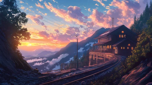 Sunset rail lookout glowing above mist-wrapped mountainscape.