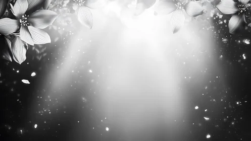 Ethereal Monochrome Floral Frame with Luminous Particle Effects.
