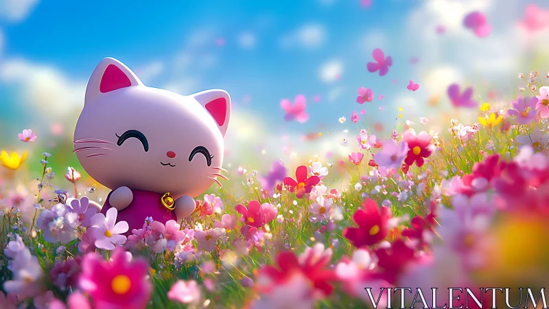 Lucky Maneki-neko Cat in Vibrant Flower Field.