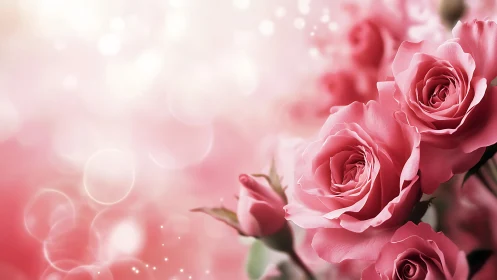 Delicate Pink Roses Bloom Against Soft Bokeh Background.