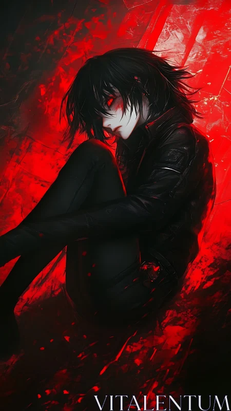 Crimson-eyed loner curled in a storm of liquid neon dusk.