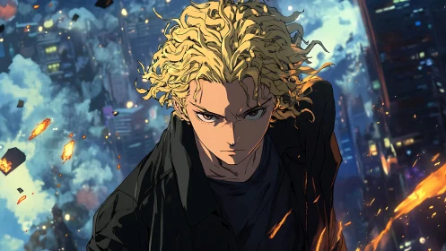 Determined blond antihero strides through burning cityscape.