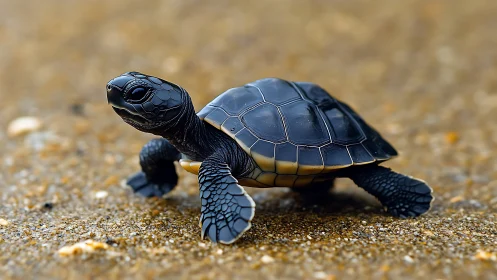 Tiny black sea turtle crossing wet sand in sharp focus.