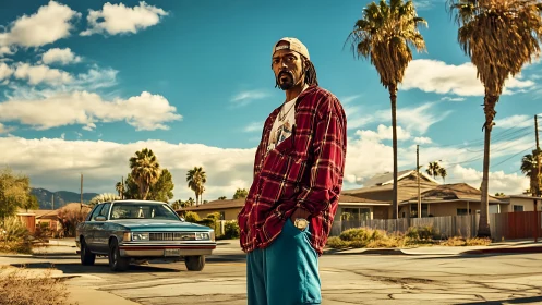 Street portrait under desert sky with vintage blue sedan.