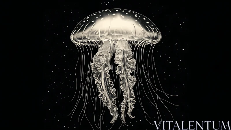 Jellyfish floats centrally against deep black space field