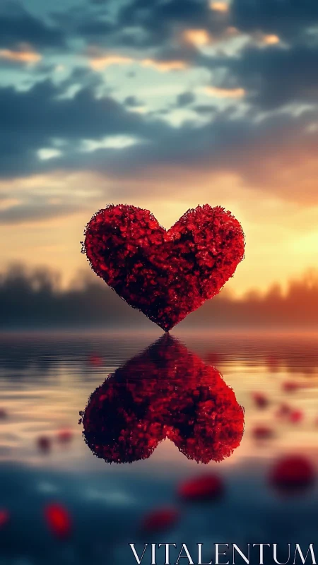 Red Heart Floats Above Water at Sunset