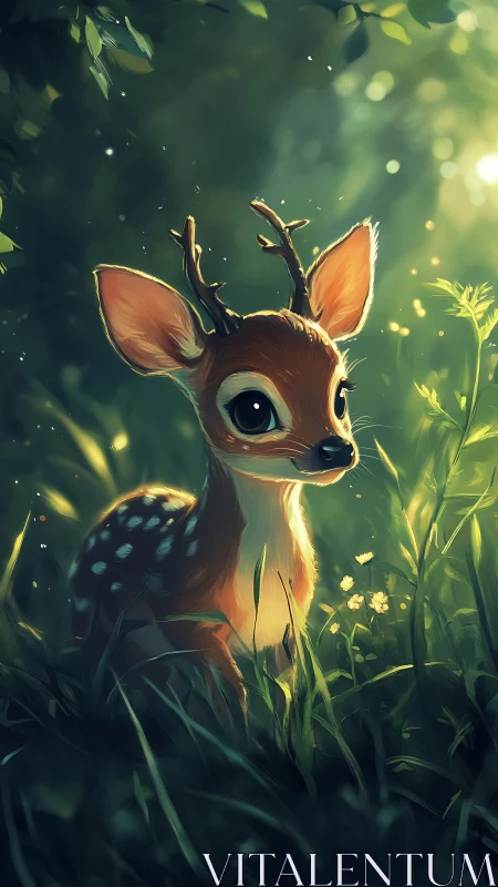 Digital painting of a luminous woodland fawn in soft bokeh light.
