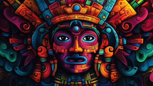 Vibrant neon tribal mask radiates mystic ceremonial energy