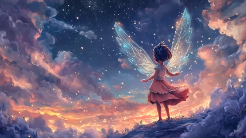 Child with luminous wings stands on hill under glowing sky