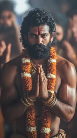 Devotee stands in focused prayer wearing marigold garlands