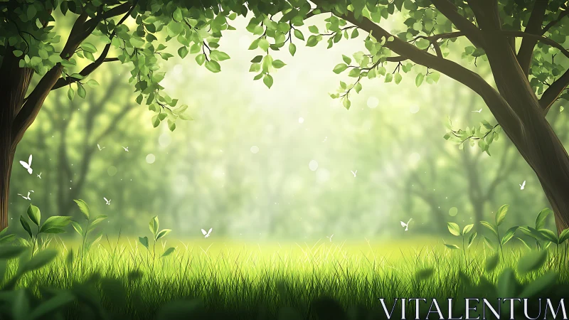 Sunlit Forest Clearing with Lush Grass in Soft Digital Art Style.