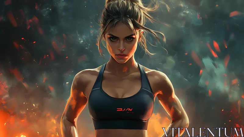 Fierce athletic warrior in fiery digital fitness portrait.