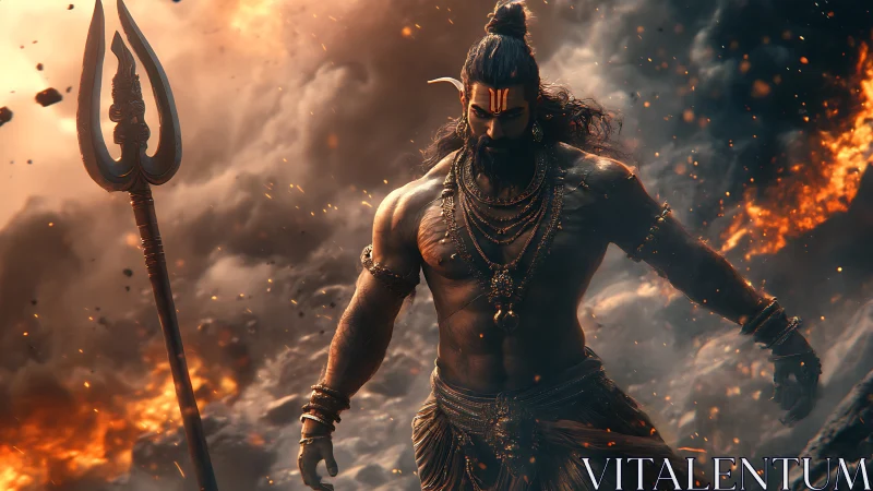 Mythic warrior strides through volcanic inferno in dynamic digital art