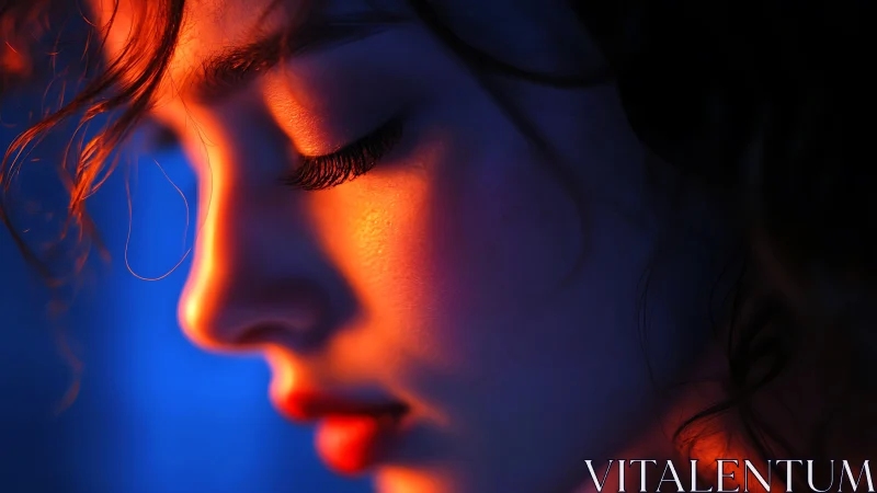 Side profile closeup shows face lit by orange and blue light