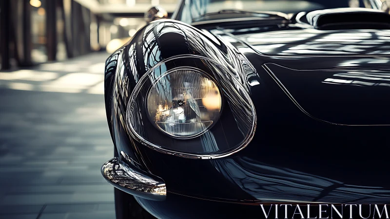 Close-up shows glossy black classic sports car front body