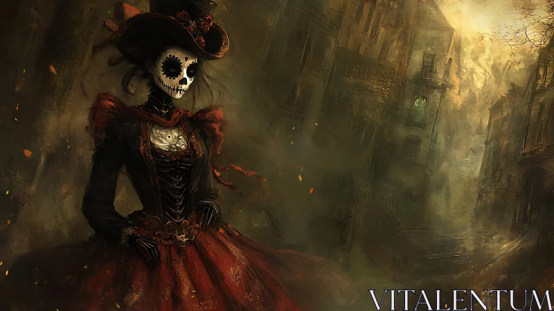 Calavera noblewoman in crimson dress within misty baroque street.