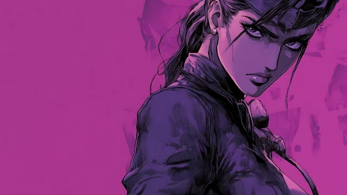 Purple-toned anime woman rendered in bold ink shading