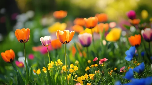 Vibrant Spring Garden: Tulips and Wildflowers in Selective Focus.