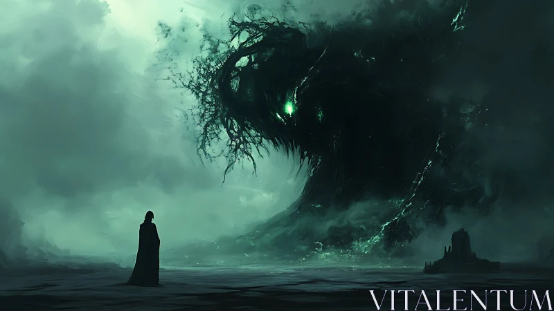 Cloaked wanderer confronting colossal emerald void entity.