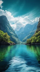 Mountain lake channels between steep forested valley slopes