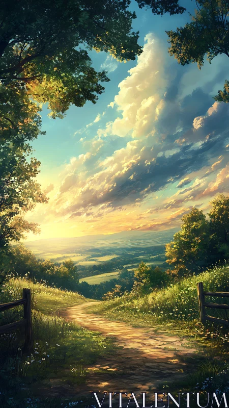 Digital painting landscape with sunlit valley perspective.