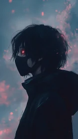 Hooded masked figure with glowing red eyes in dusk haze.