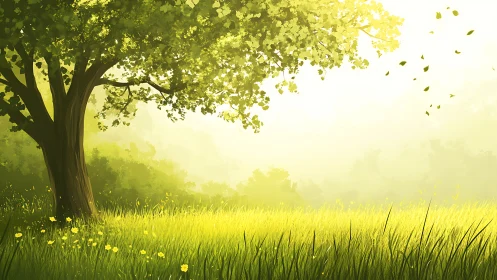 Sunlit meadow tree rendered in soft luminous greens.