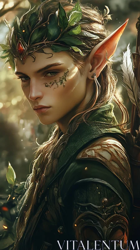 Elf archer in forest armor with leaf crown and quiver present.