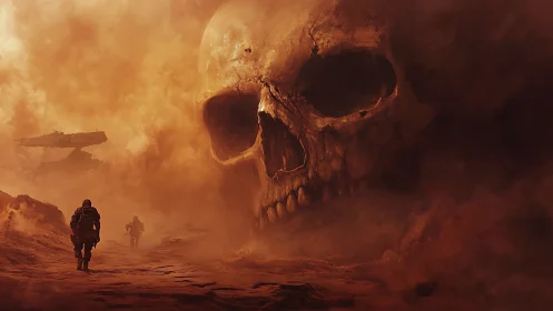 Colossal skull structure dominates a dust-filled wasteland