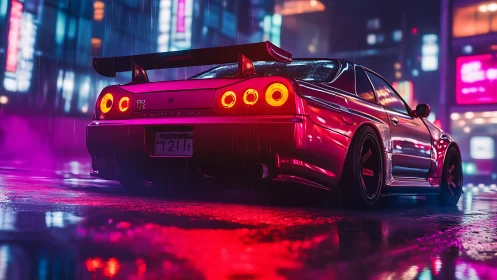 Neon-soaked skyline GT-R under rainlit city lights.