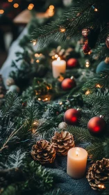 Soft candlelight glows among festive pine and ornaments