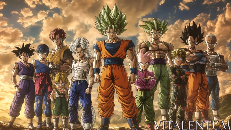 Group of anime warriors stands in dramatic sunset landscape