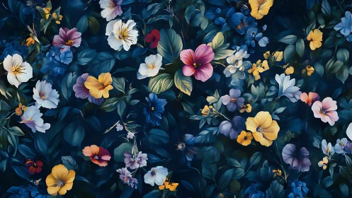 Richly Colored Floral Pattern Over Dark Blue Background.