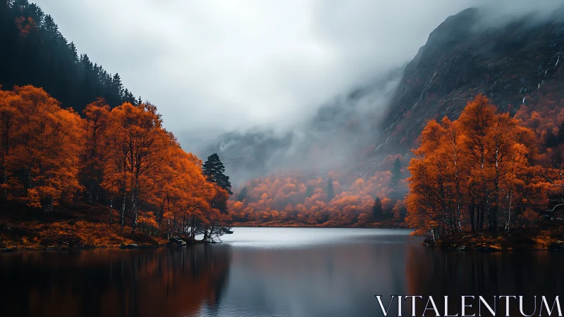 Autumn lake with orange forest under low mountain fog.