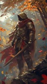 Hooded armored figure holds sword amid autumn foliage