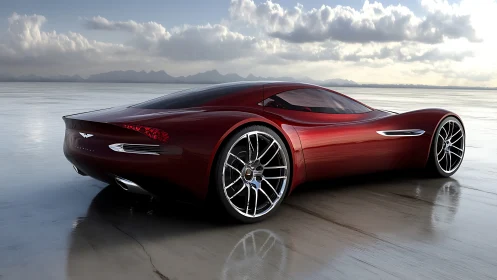 Futuristic red supercar concept on reflective salt flat surface.