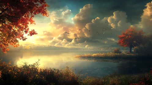 Autumn shoreline lake at golden hour with volumetric clouds