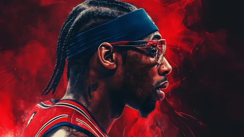 Profile view shows basketball player in stylized red portrait