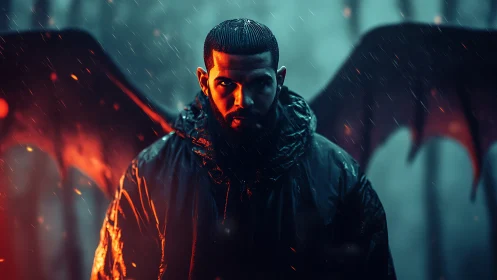 Winged male figure in rainlit forest with red backlight.