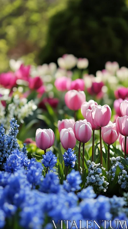 Spring Tulip Garden with Blue Muscari Flowers