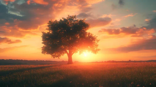 Single tree stands in open field against low setting sun