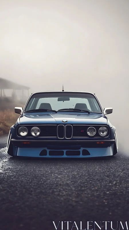 Classic BMW coupe lowered stance on misty open road.