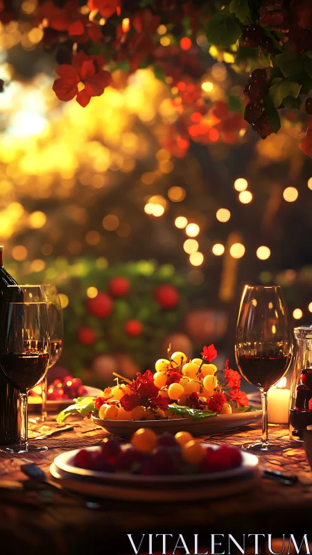 Photorealistic garden table vignette with wine and harvest feast.