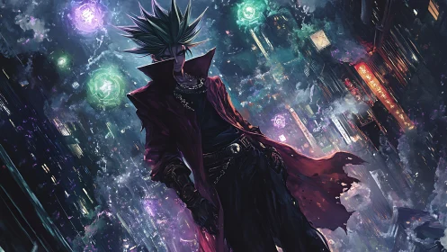 Spiked-haired cybermancer over neon-dense vertical megacity.