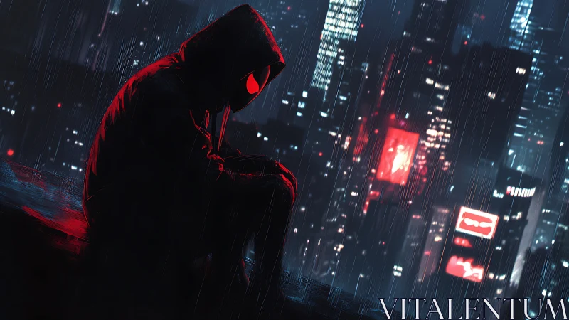 Hooded figure on rooftop in rainy neon cityscape at night.